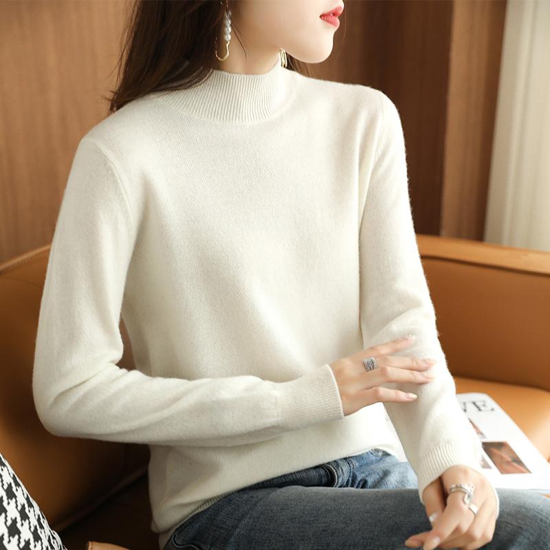 Elegante suéter de cuello alto medio para mujer, primavera, otoño e invierno, fino de manga larga, negro, camisa básica de punto para mujer