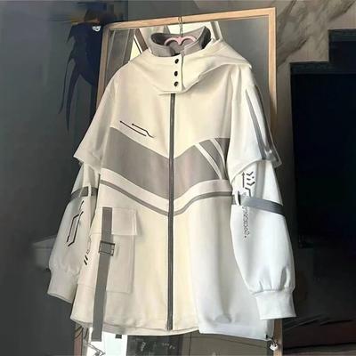 Streetwear BF Jackets for Women Vintage Casual Fashion Oversized Outwear Y2k Tops Hooded Contrast Color Coats