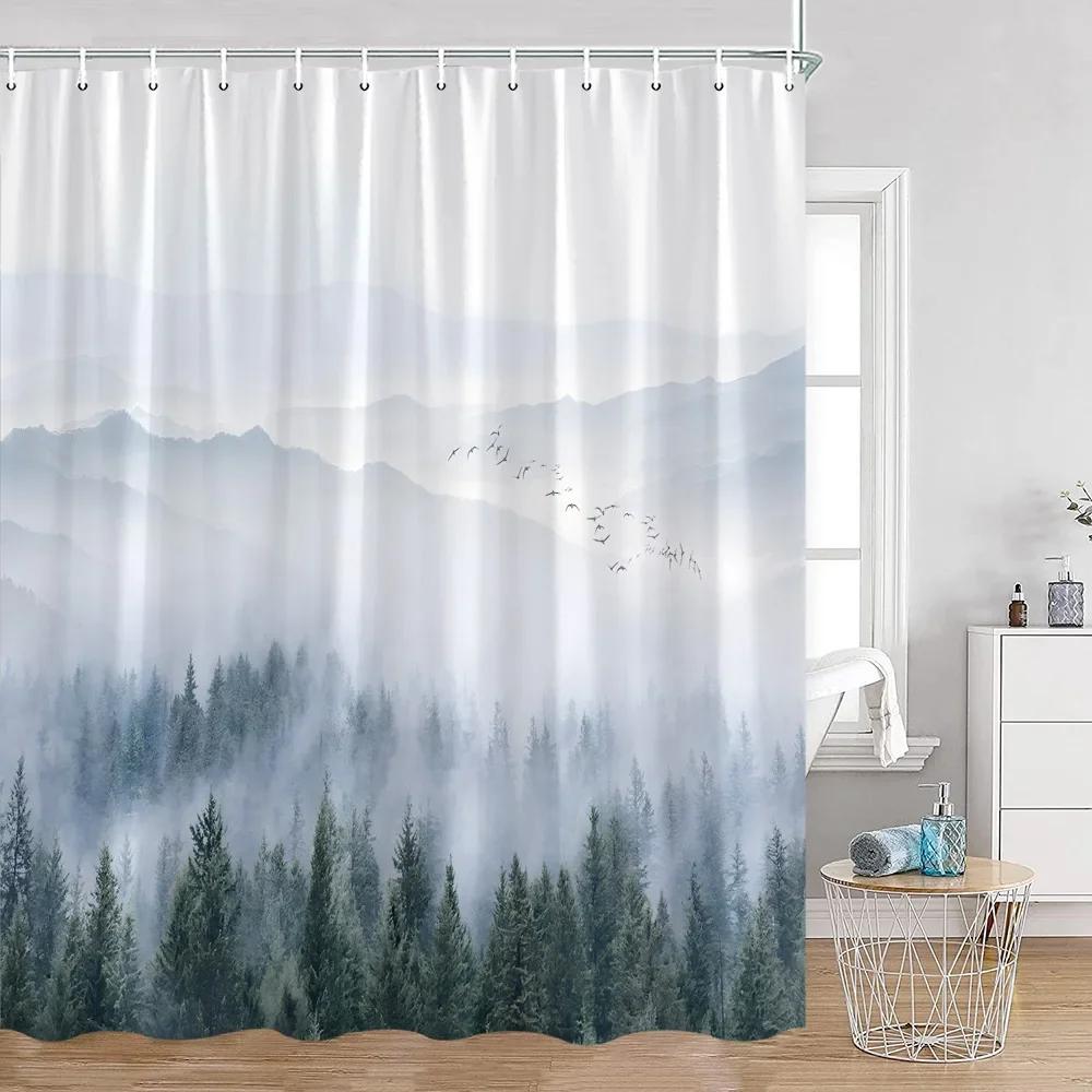Mist Forest Shower Curtain Snow-capped Pines Nature Landscape Simple Bathroom Decorative Modern Polyester Shower Curtain