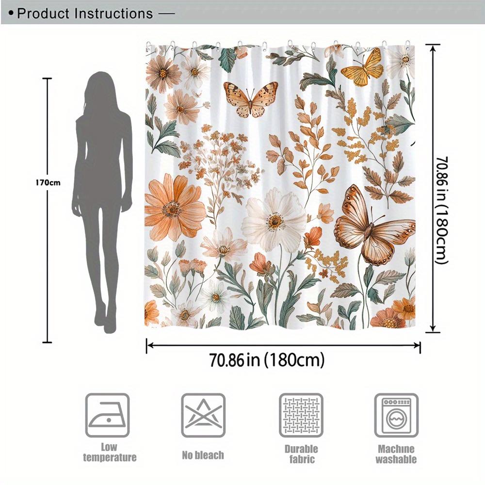 1 Botanical Floral Shower Curtain with Orange, White and Cream Flowers, Delicate Butterflies and Green Leaves