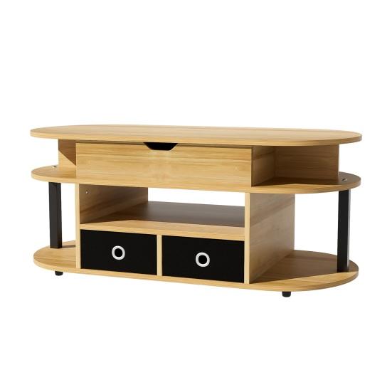 Home Coffee Table Modern Wood-Grain with Lift-Up Function Storage Space and Black Fabric Center Drawers Versatile Stylish Practical for