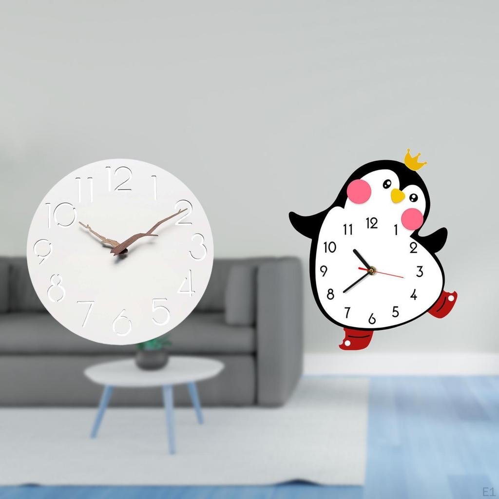 Penguin Art Silent Wooden Wall Clock Easy Read Decorative Lovely Battery Powered Home Kitchen Office