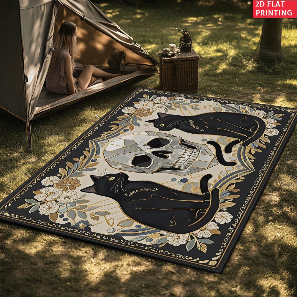 Vintage Black Cat Skull Area Rug, Floral Gothic Print Carpet for Living Room Bedroom,Aesthetic Witchy Floor Mat Home Decor