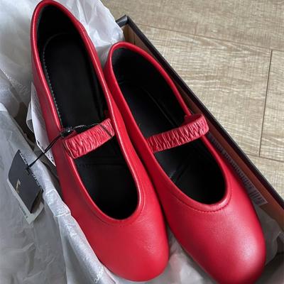 Scarpe da ballo rosse retrò in pelle da donna con fascia elastica a una parola punta rotonda scollatura bassa fondo piatto Mary Jane scarpe singole da donna primavera e autunno