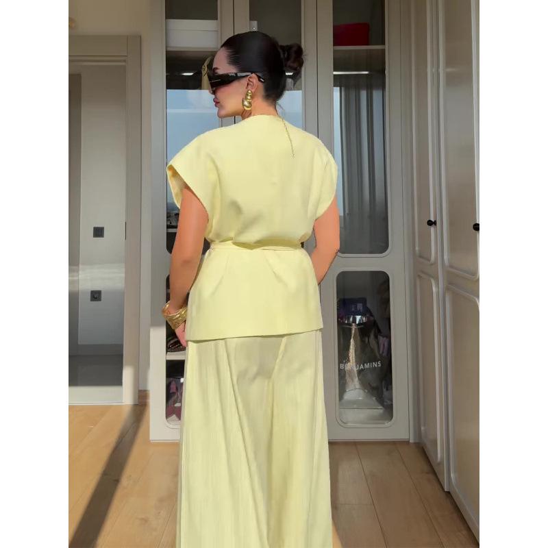 2025 Summer European & American Casual V-neck Short-sleeve Long Pants Fashion Set