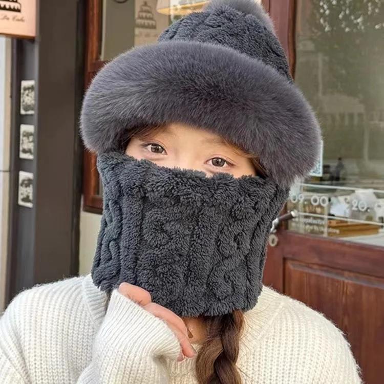 

Зимний Утепленный Набор Шапка-Шарф Женский Защита Шеи Плюшевый Помпон Теплый Фигурный Пушистый Защита Ушей Защита от Холода Шапка-Пуловер темно-серого