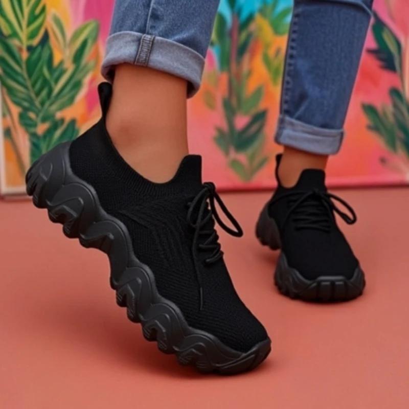 Avant Garde Women'S Knitted Shoes Mesh Can Stretch Lightweight Thick Soled Shoes Cushioning Versatile For Daily Use Light Shoes