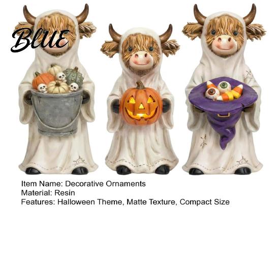 Seasonal Home Decoration 3Pcs Halloween Ghost Highland Cow Figurines, Resin Yak Statues with Pumpkin, Farmhouse Porch Garden Statuette Tabletop
