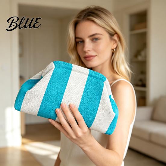 Beach Vacation Bag Woven Striped Clutch Purse for Woman Large Capacity Cosmetic Pouch Portable Knit Dumpling Bag Kiss Lock Handbag Evening,