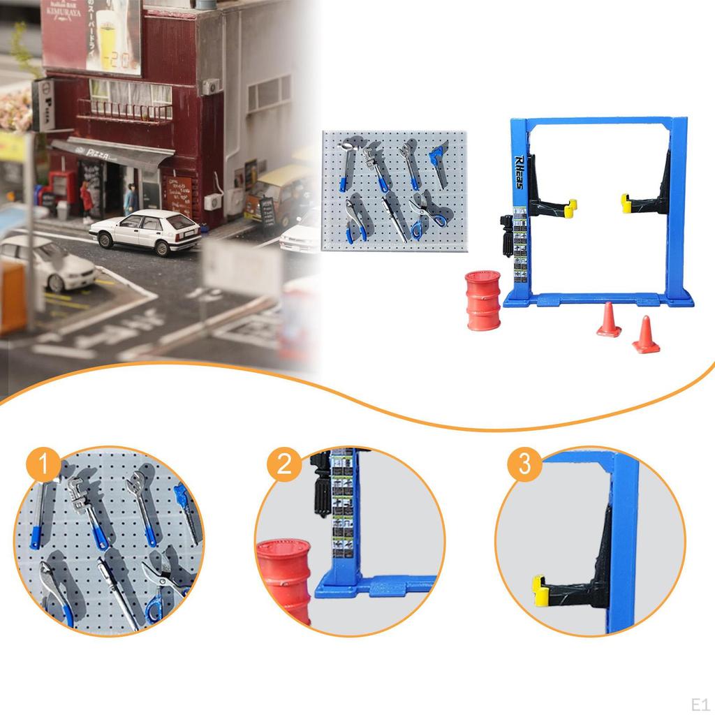 1/64 Diorama Car Garage Maintenance Tools Architecture Model Realistic Traffic Cones Lift Gantry