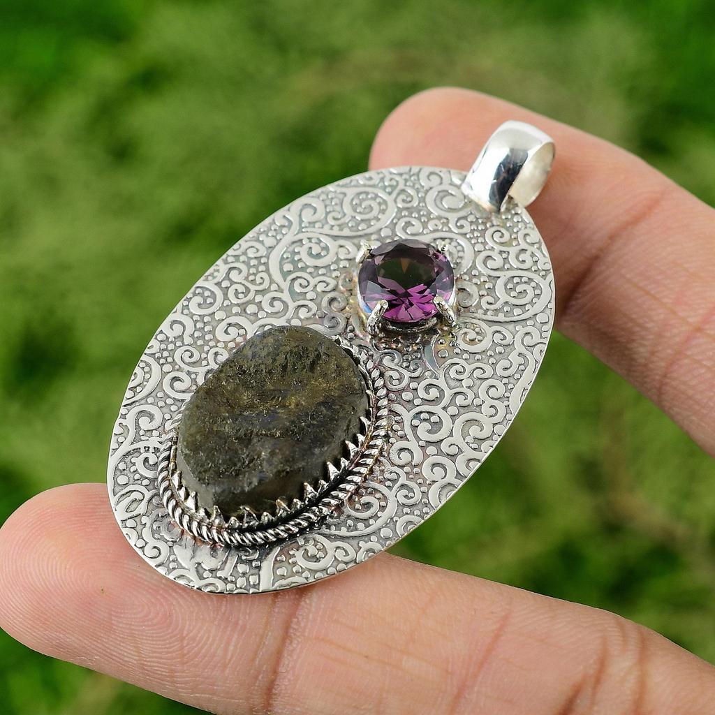 Daughters Day Sale Labradorite Rough Stone African Amethyst Pendant 925 Silver
