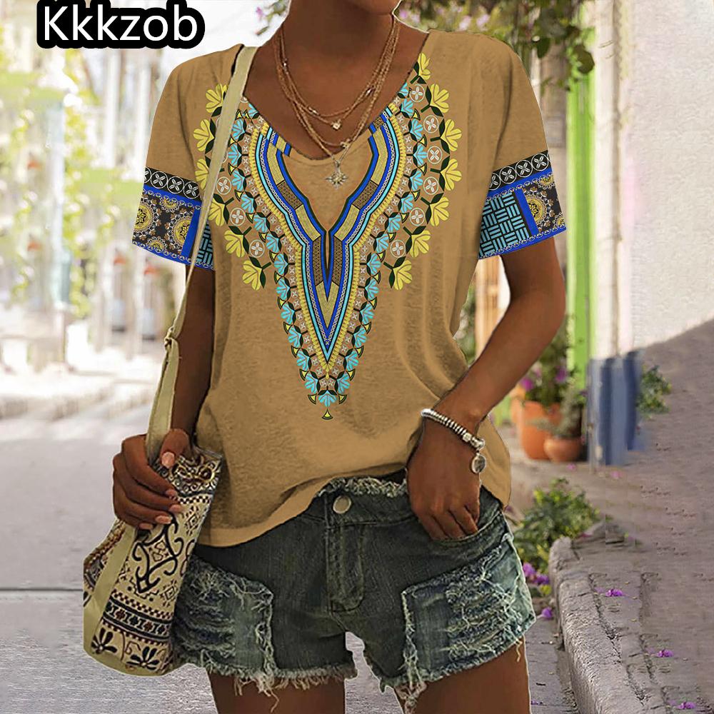 2025 Vintage Shirt for Women Totem Printed Ethnic Style Women's Clothing Summer Casual Short Sleeved Tops Tees Oversized T-Shirt