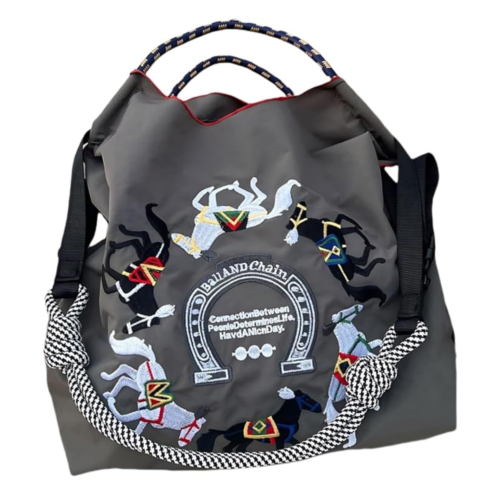 

Ball and Chain Eco Embroidered Eco Shopping Large Tote Reusable [REENEW] Bag, Bag, Bag, Capacity, Lightweight, Storage, Bag, Foldable, (Gray Horse, M)