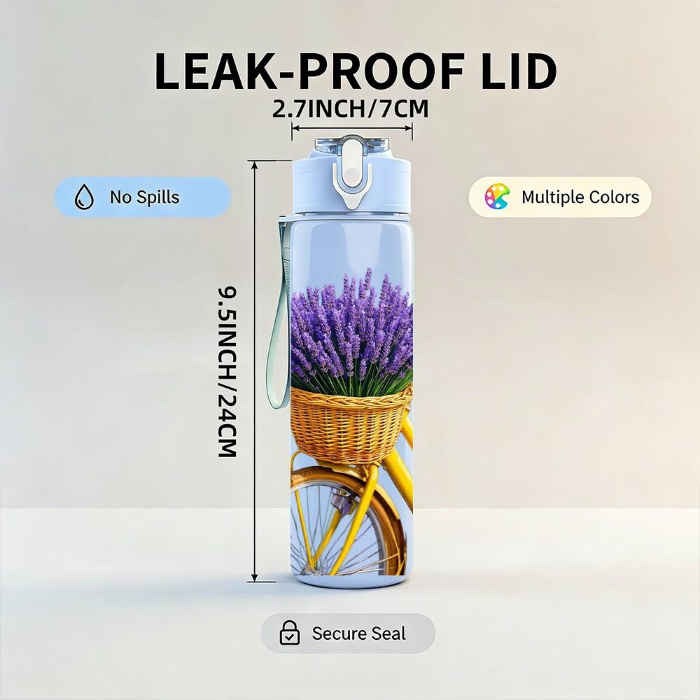 1PC Lavender Flower In Vintage Basket Print 750ml Color Plastic Sports Water Bottle Leakproof Flip Straw Lid Suitable for Sports Office Home Use