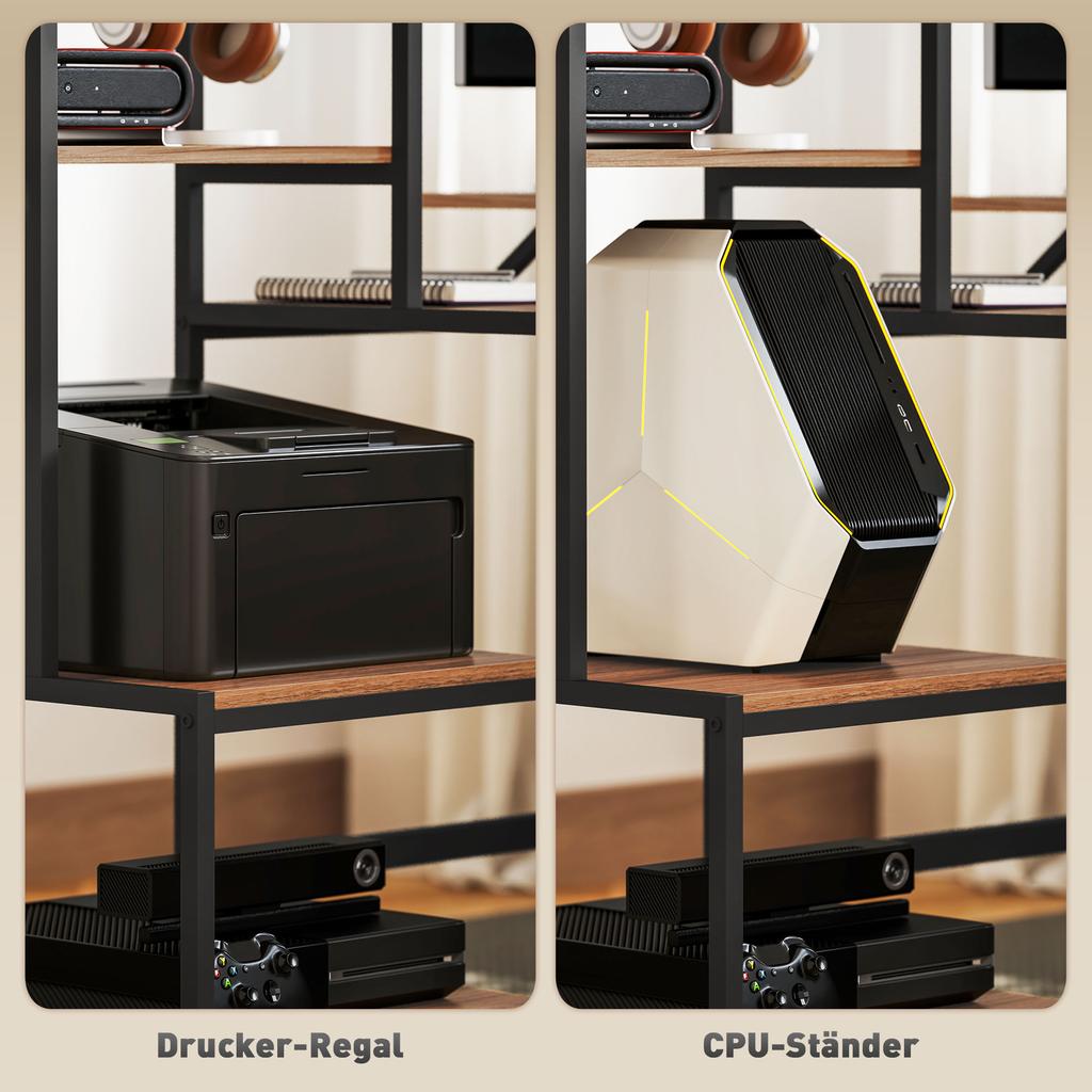 Computer Desk with Monitor Stand, Desk with 4-Tier Shelf, Industrial Design, Brown