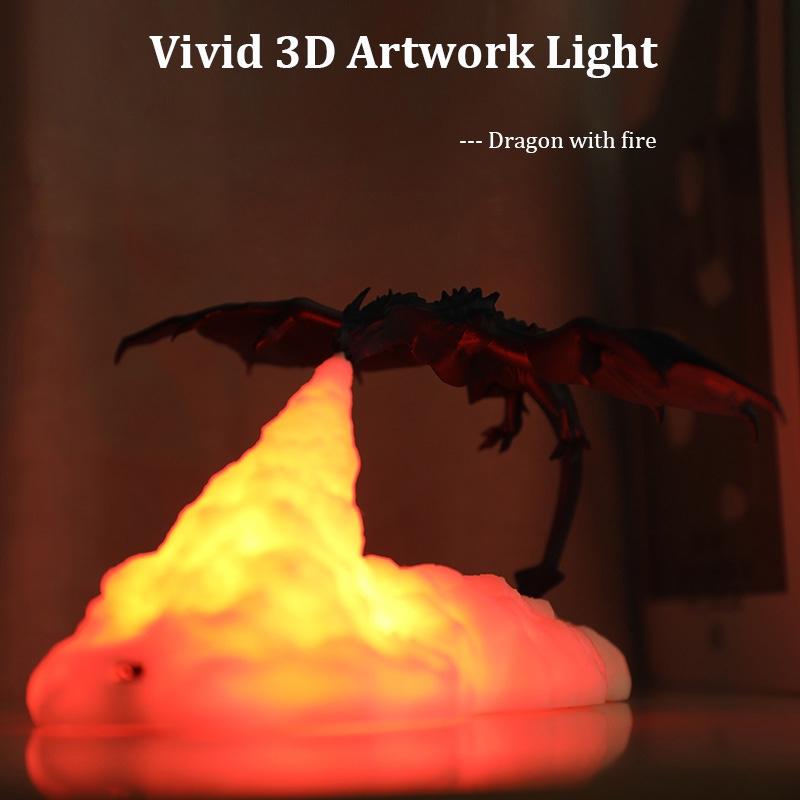 3D tisk LED dračí lampy Noční světlo Teplé světlo Spící Doprovodné světlo USB nabíjecí světlo Umělecké dílo Světlo do postele Pro fanoušky draka Pokojová dekorace