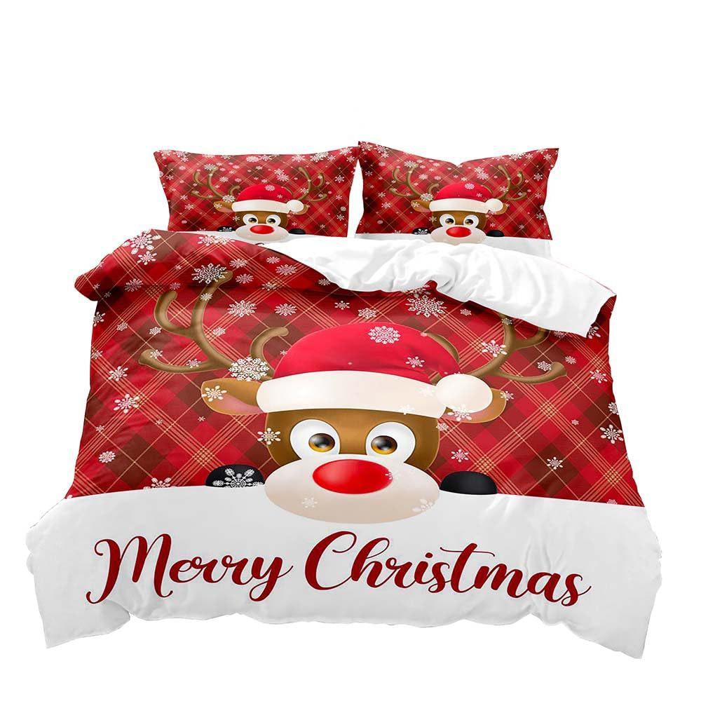 Red Christmas Hat Elk Three-Piece Quilt Cover 3D Digital Printing Bedding Set Bed Cover