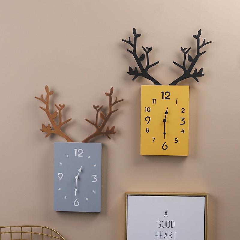 Nordic Minimalist Creative Antlers Wooden Clocks Home Living Room Room Wall Decoration Square Wall C