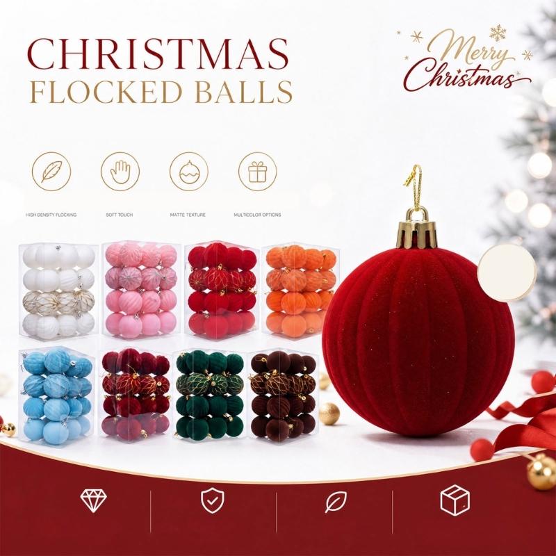 24Pcs Sparkling Velvety Christmas Ball Decorations Shatterproof Decorative Baubles Ornament for Christmas Tree Mantels