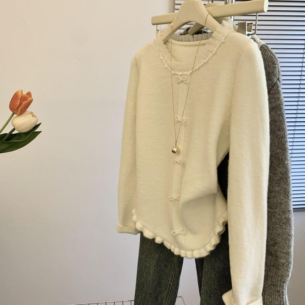 Korean Chic Lace Trim Round Neck Sweater Cardigan with Bow and Ruffle Edges for Women’s Autumn Winter Fashion.