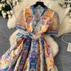 Elegant Retro Print Flower Long Dresses Women Summer Autumn Holiday Palace Style National Trench Belt V Neck Party Dress