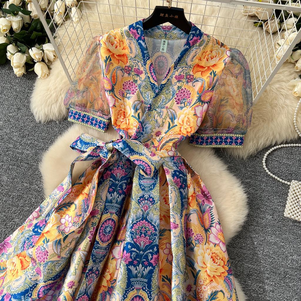 Elegant Retro Print Flower Long Dresses Women Summer Autumn Holiday Palace Style National Trench Belt V Neck Party Dress