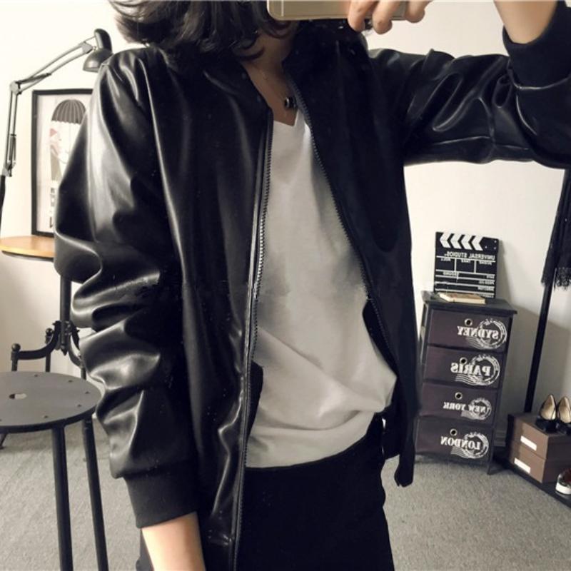 Frühling Herbst Koreanisch Elegant PU Leder Cropped Baseballjacke Locker Reißverschluss Biker Mantel Top