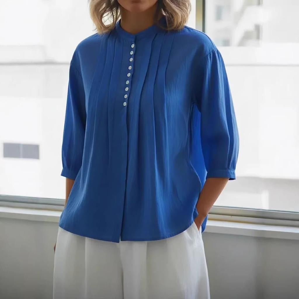 Spring and Summer New European Beautiful Women's Pure Cotton Shirt Solid Color Casual Button Pleated Shirt Women