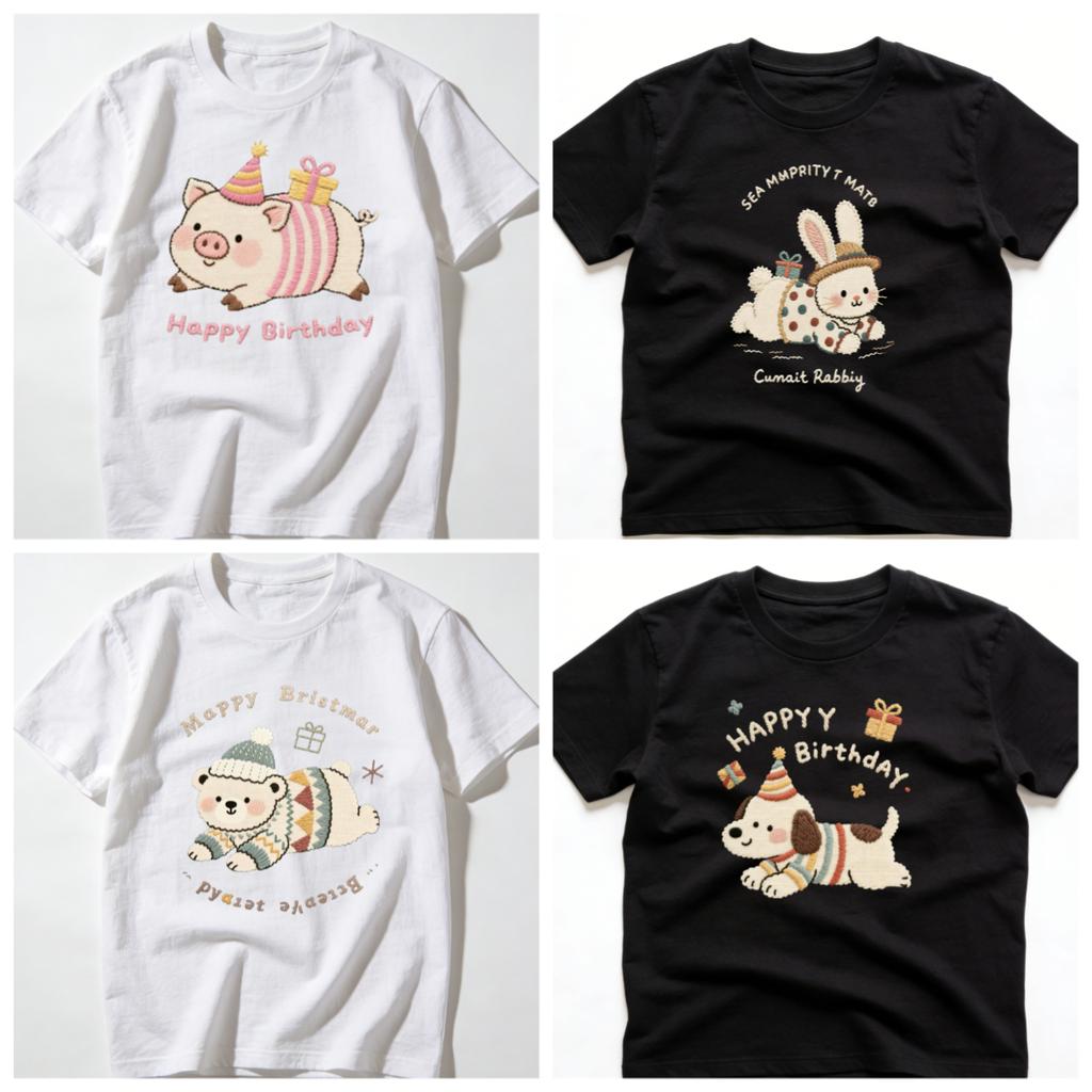 Adult and Childrens Cute Pet Dopamine Healing Series Multiple Pure Cotton Tshirts Couples and Parentchild Birthday Surprise
