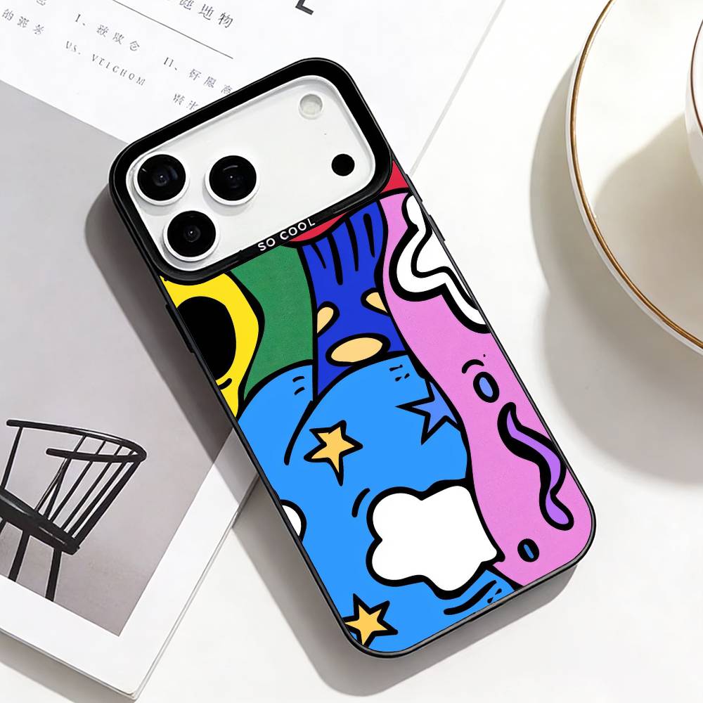 Trendige Abstrakte Handyhülle Für iPhone17,16,15,14,13,12,Pro Max Schwarz Bunt Handyhülle