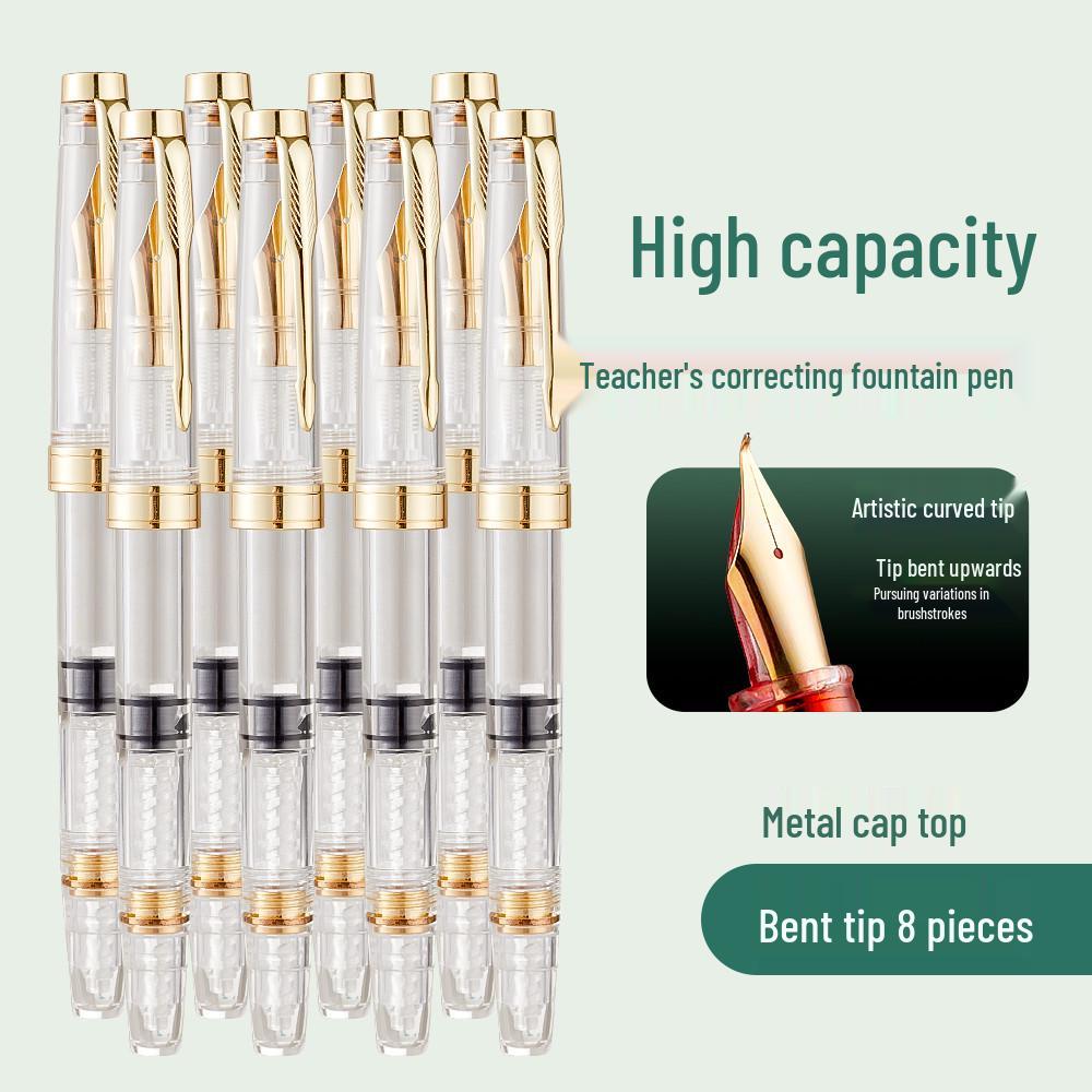 Teacher Correction Fountain Pen with Red Ink - Large Capacity Bent Nib for Grading