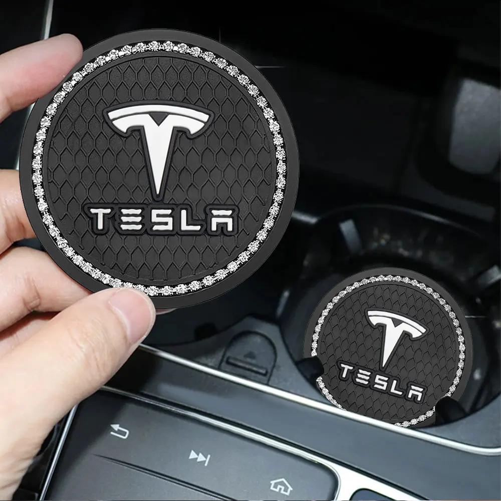 Sticker 2025 New Tesla 1/2PCS Car Coasters Rubber Water Cup Bottle Holder Anti-slip Pad For Tesla Model 3 Model S X Model Y