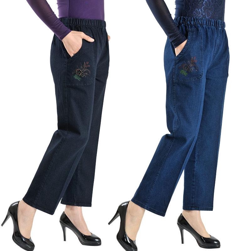 Middle-aged and Elderly Jeans Spring Straight High Waist Elastic Loose Jeans Women