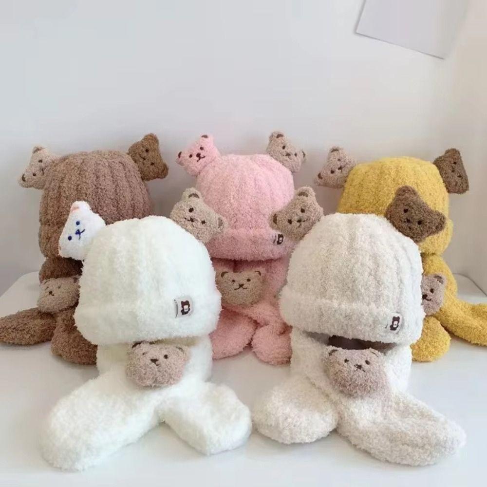 Korean Style Bear Scarf Hat Set Cute Kids Crochet Hat Children's Ear Protection Hat  Outdoor