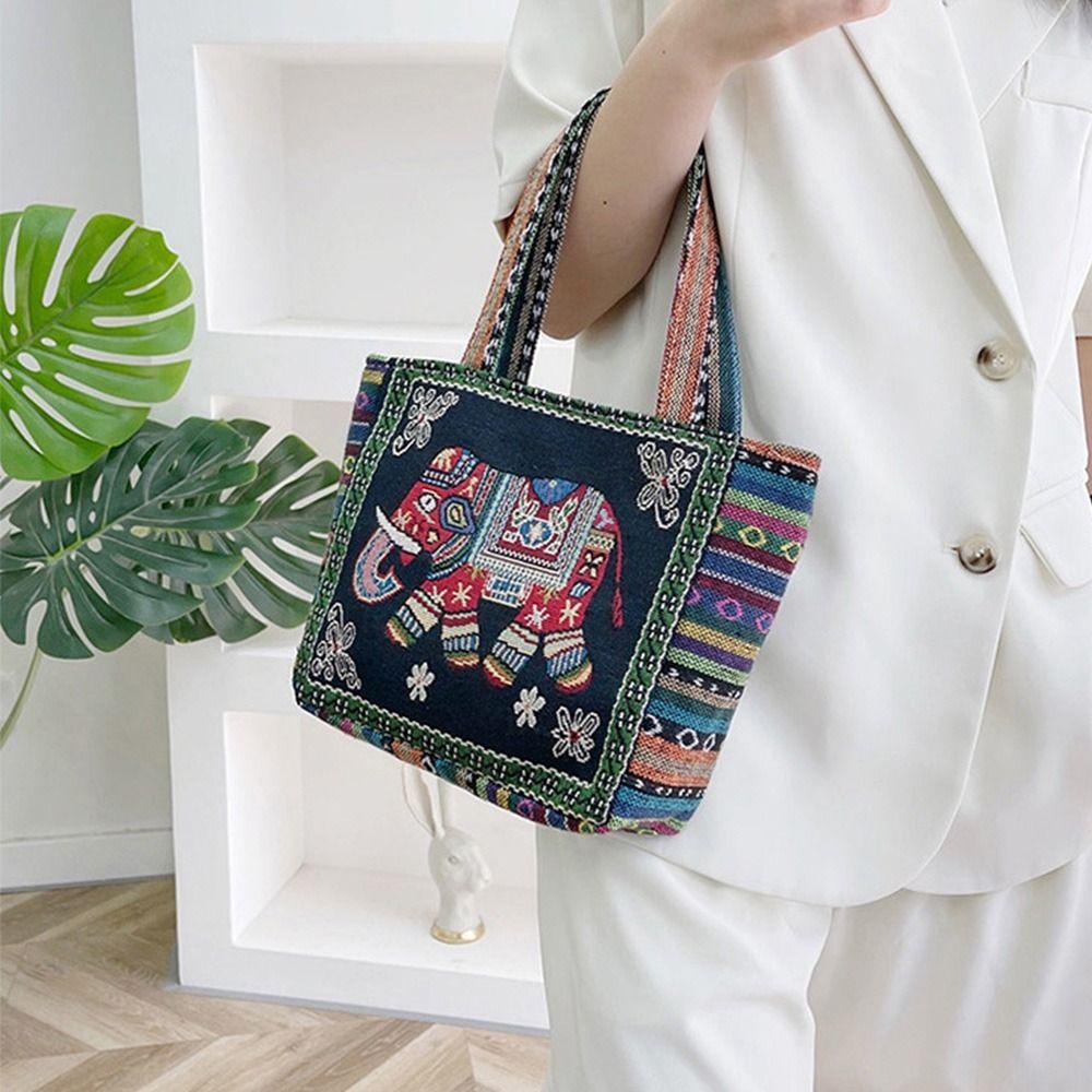 Peacock Canvas Tote Bag Embroidery Elephant Handbag Simple Ethnic Style Handbag  Grocery Handbags
