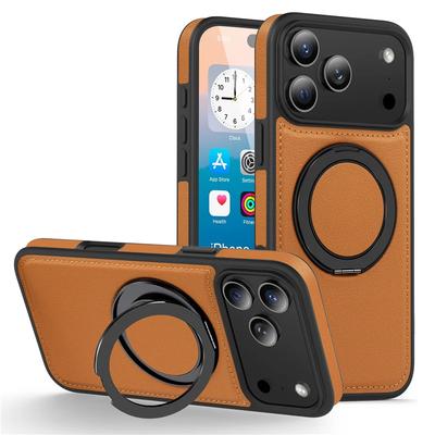 Leather Phone Case For Magsafe iPhone 17 Air 16E 16 15 14 Plus 13 12 Pro Max Magnetic 360 Rotate Metal Holder Stand Back Cover