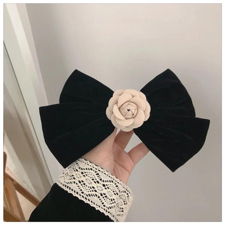 Retro Black Velvet Bow Hairpins for Women Fabric Camellia Flower Hair Clips Headdress Barrette Hairgrip Girls Hair Accessories
