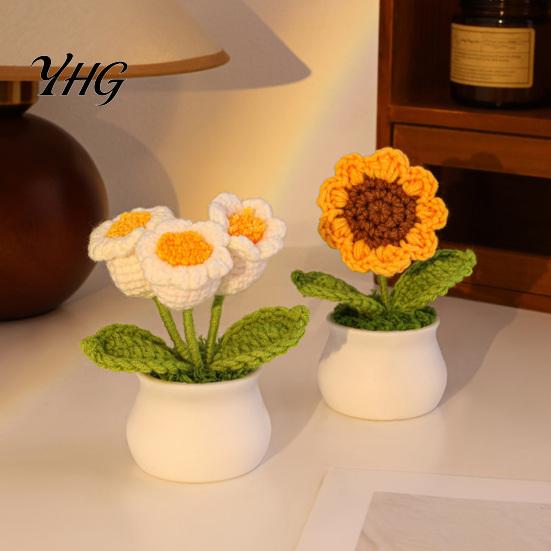 Crochet Flower Decor Handmade Potted Decoration, Knit Artificial Sunflower Desktop Handwoven Woolen Flowers Decor, Gift for Women, Mom, Teacher,
