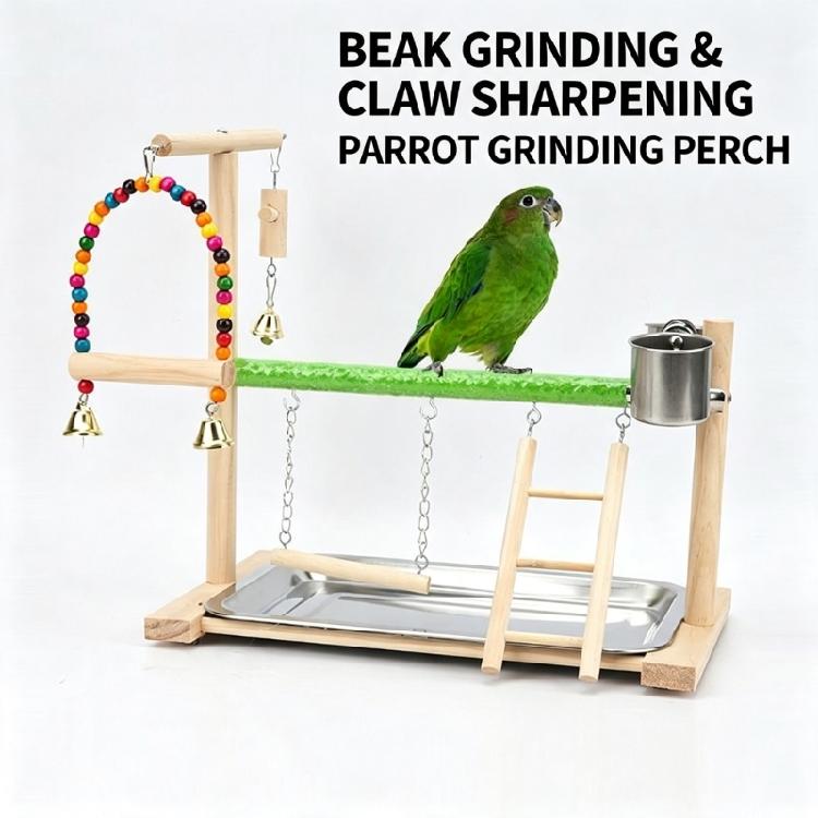 Wood Bird Play Stand Playgrounds Toy with Textured Branch Perch, Swing, Climbing Ladder and Metal Tray for Pet Bird Rest, Exercise Activity
