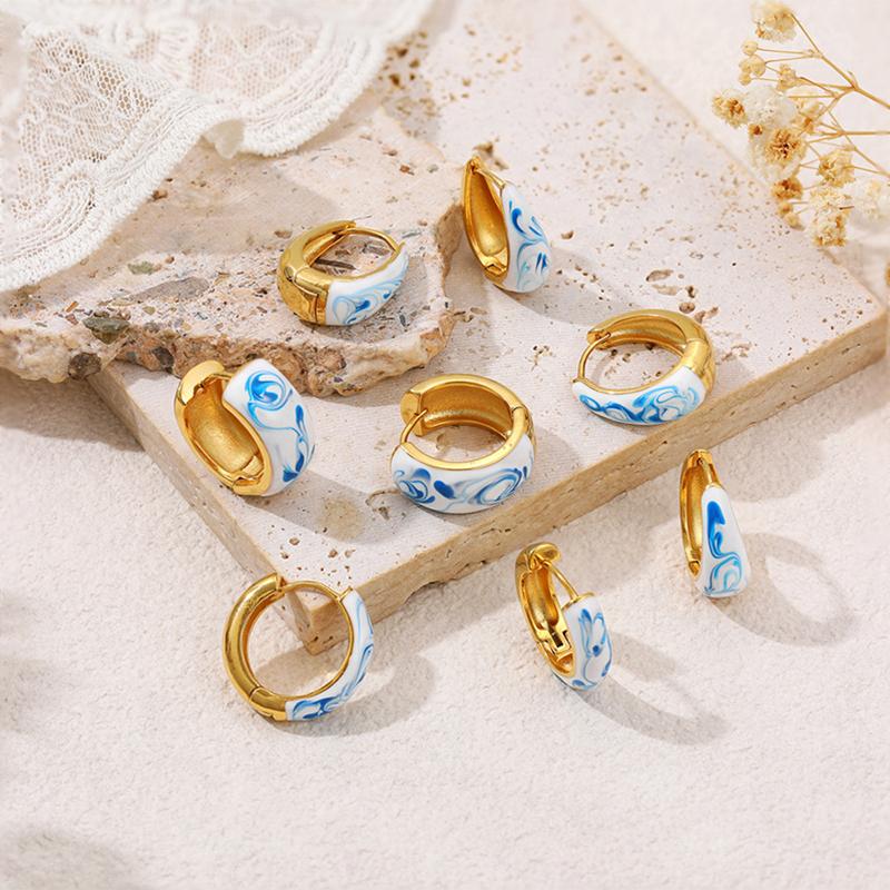Blue Flower Enamel Drip Oil Earrings Vintage Blue White Porcelain Earrings Chinese Style Copper Irregular Earrings