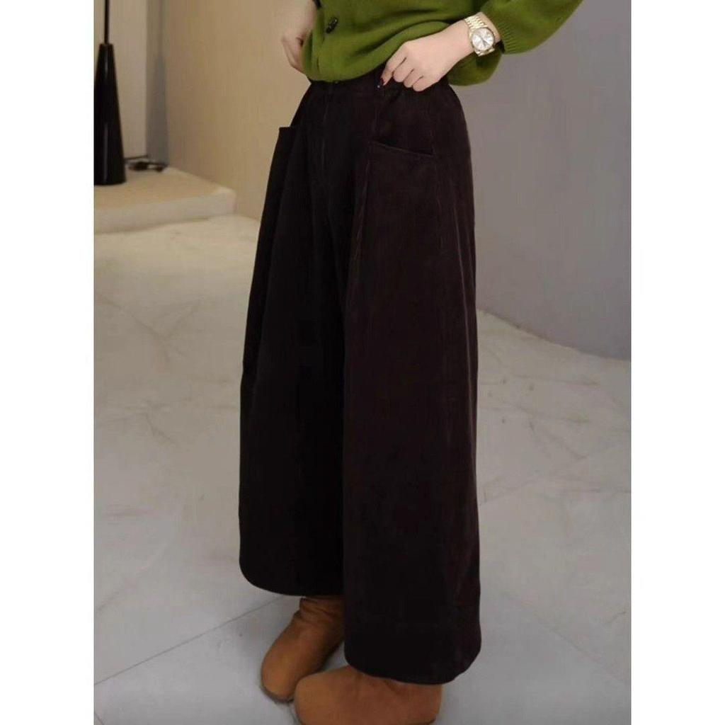 Women's High-Waisted Wide-Leg Corduroy Pants - Autumn/Winter Loose, Slimming, Pleated, and Ribbed Design