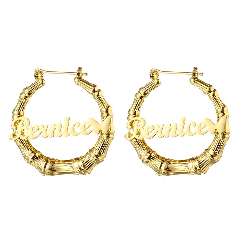 Fashion Earring Jeweley Stainless Steel 18K Gold Plated Bamboo Custom Letter Name Big Large Hoop Earrings for Women
