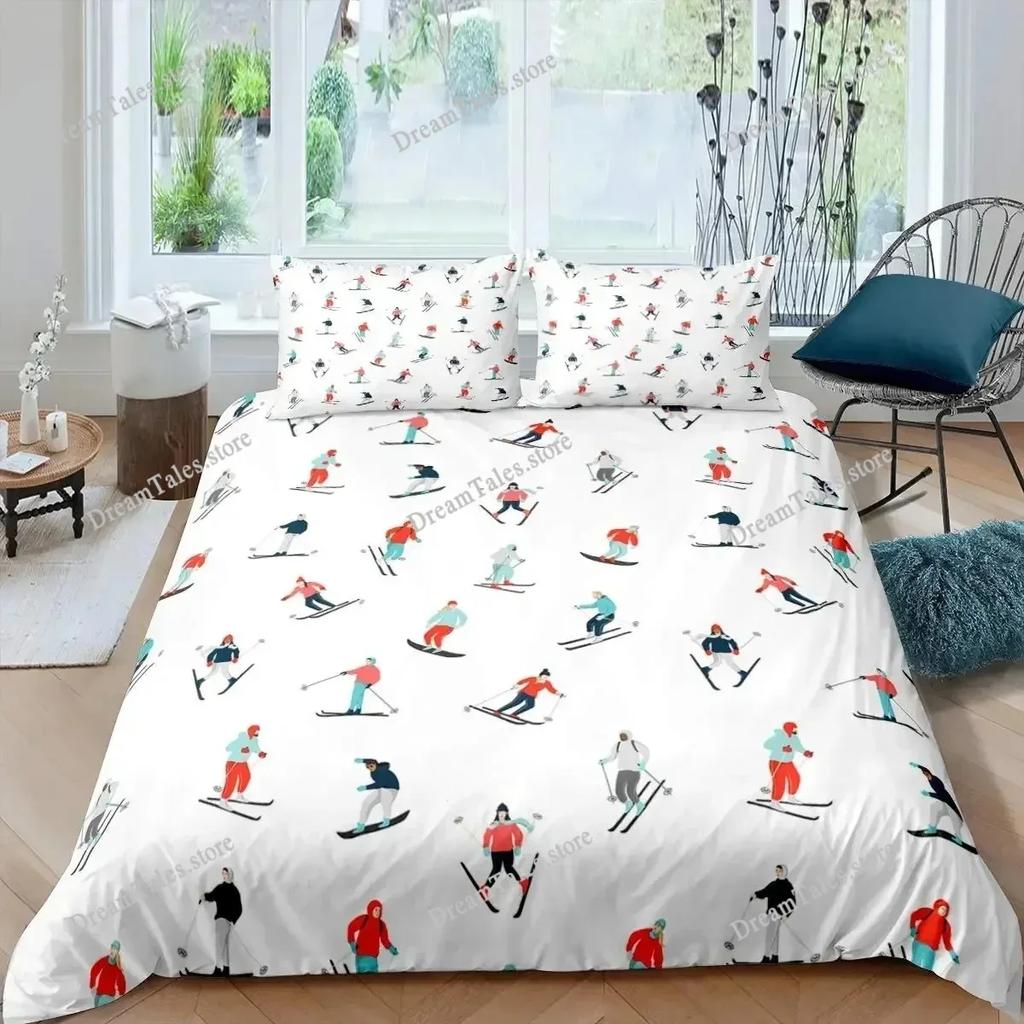 Bettwäsche-Set Ski Sport Vollgröße Wintersport Skifahren Bettwäsche-Sets Schneebedeckte Berglandschaft Deckenbezug für Jungen Mädchen963