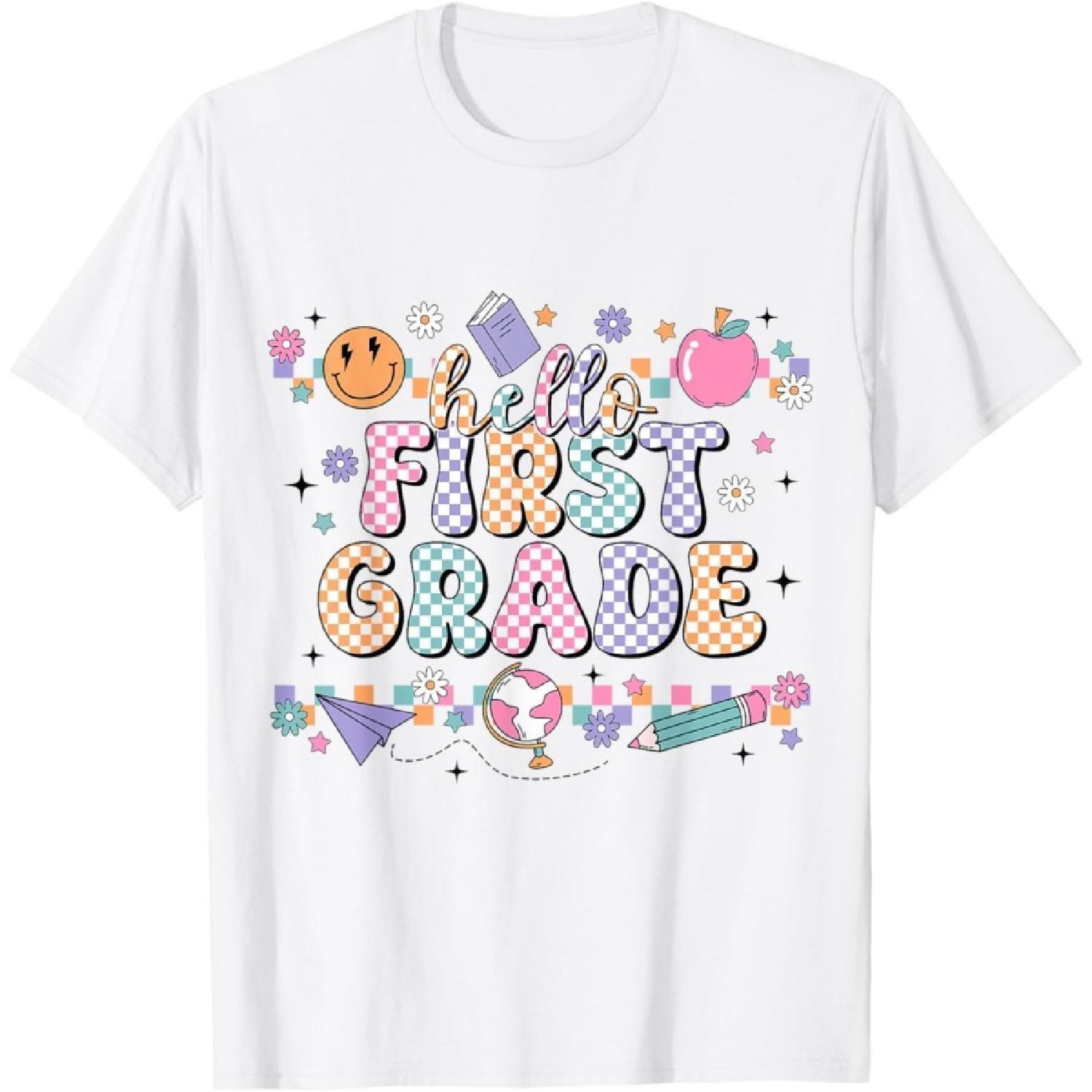 Hello First Grade Retro Back to School Coquette Teacher T-Shirt S