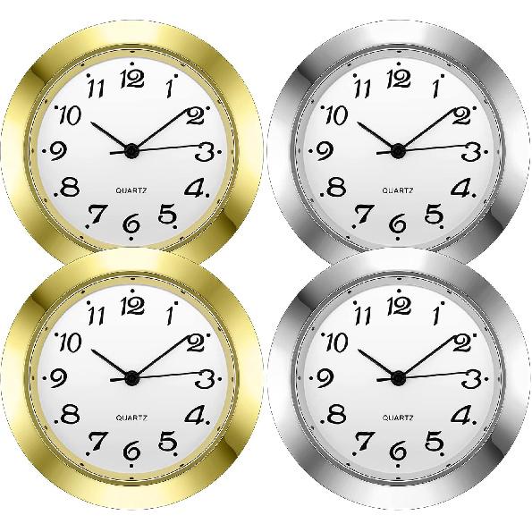 Outus 4 Pack 1-7/16 Inch Round ert Gold Clock Face Metal Wall Silver Mini Clock with Arabic Numerals Fit Diameter 1-3/8 Inch Hole Easy to Read Home
