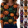 Women Casual Halloween Print Round Neck Three Quarter Sleeve T Shirt Top Lightweight Comfortable Fit Seasonal Apparel
