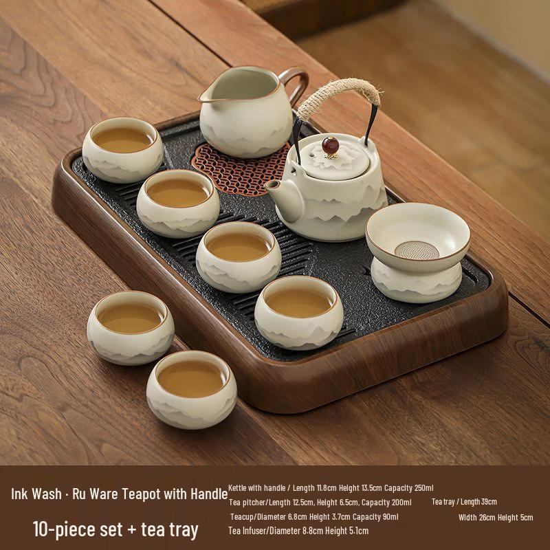 Chaxun Ink Ru Kiln Kung Fu Tea Set - 10-Piece with Beam Handle Pot & Tea Tray