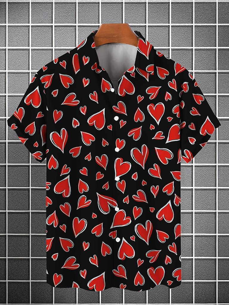 New Men'S Hawaiian Shirt, Heart Pattern Fashionable And Individual, Casual Loose Fit, Romantic Valentine'S Day Confession Gift