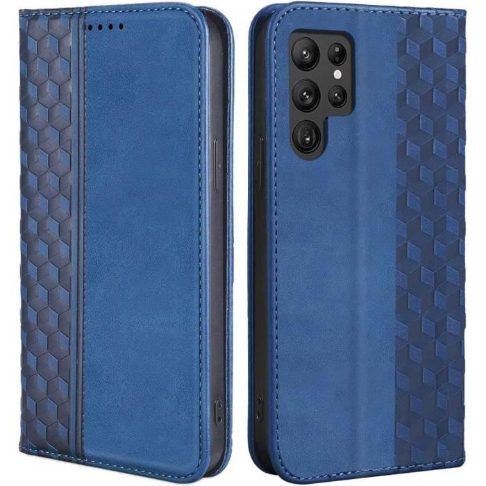 Coque pour Samsung Galaxy S22 Ultra, Motif Mosaïque Elégant Effet Cuir Bleu Marine (pas pour S22)