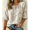 Women's Plaid Daisy Print Tie Neck Top Ruffle 3/4 Sleeve Loose Fit Summer Casual Daily Commuter Shirt